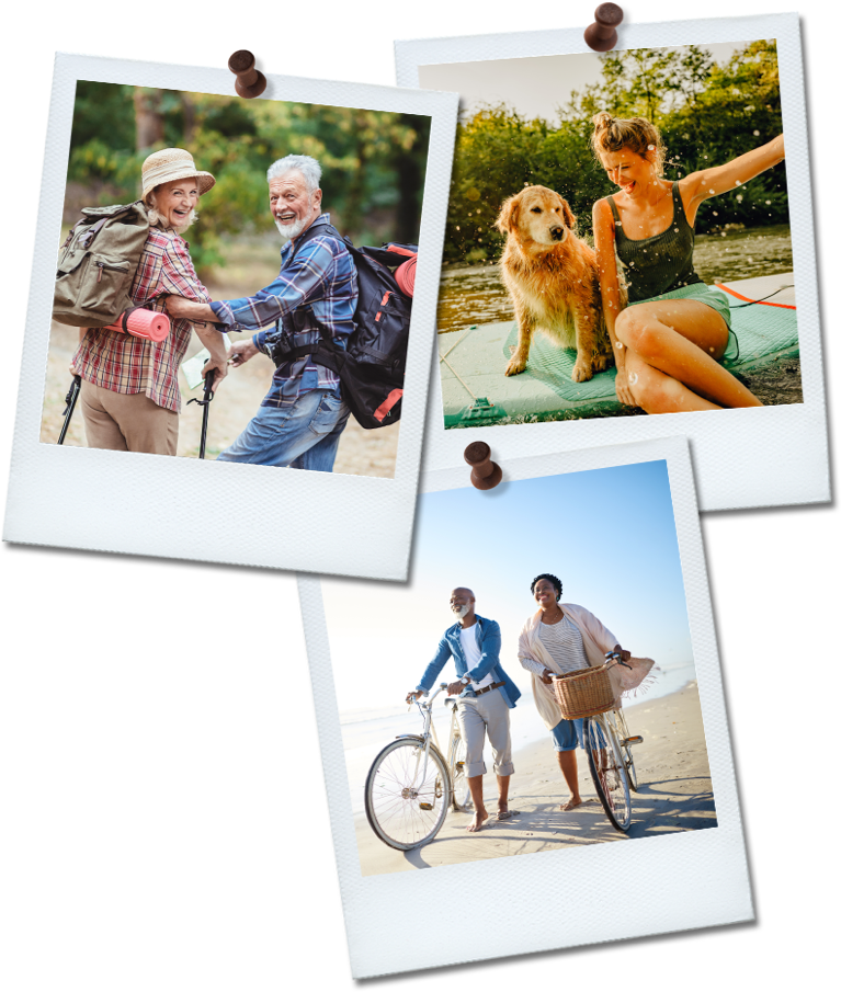 Polaroids of people enjoying the summer through hiking, surfing and biking.
